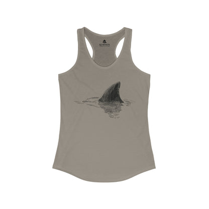 A brown women's racerback tank top with shark fin illustration.