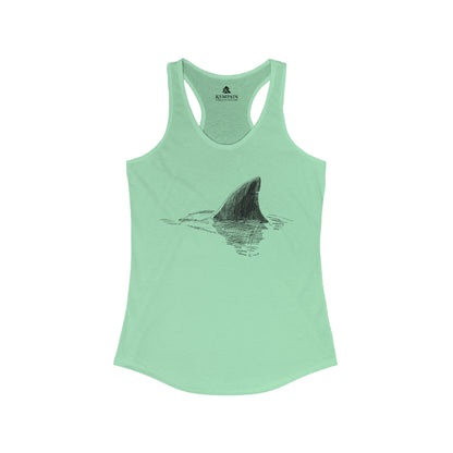 A green women's racerback tank top with shark fin illustration.
