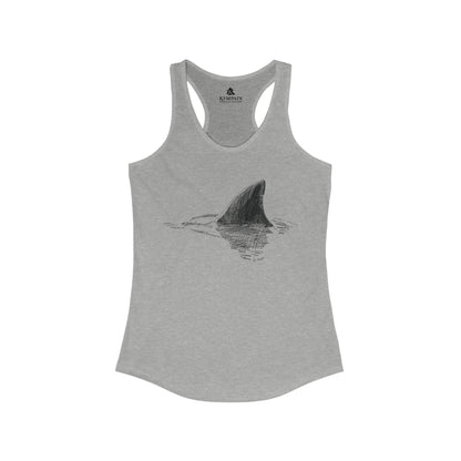 A grey women's racerback tank top with shark fin illustration.