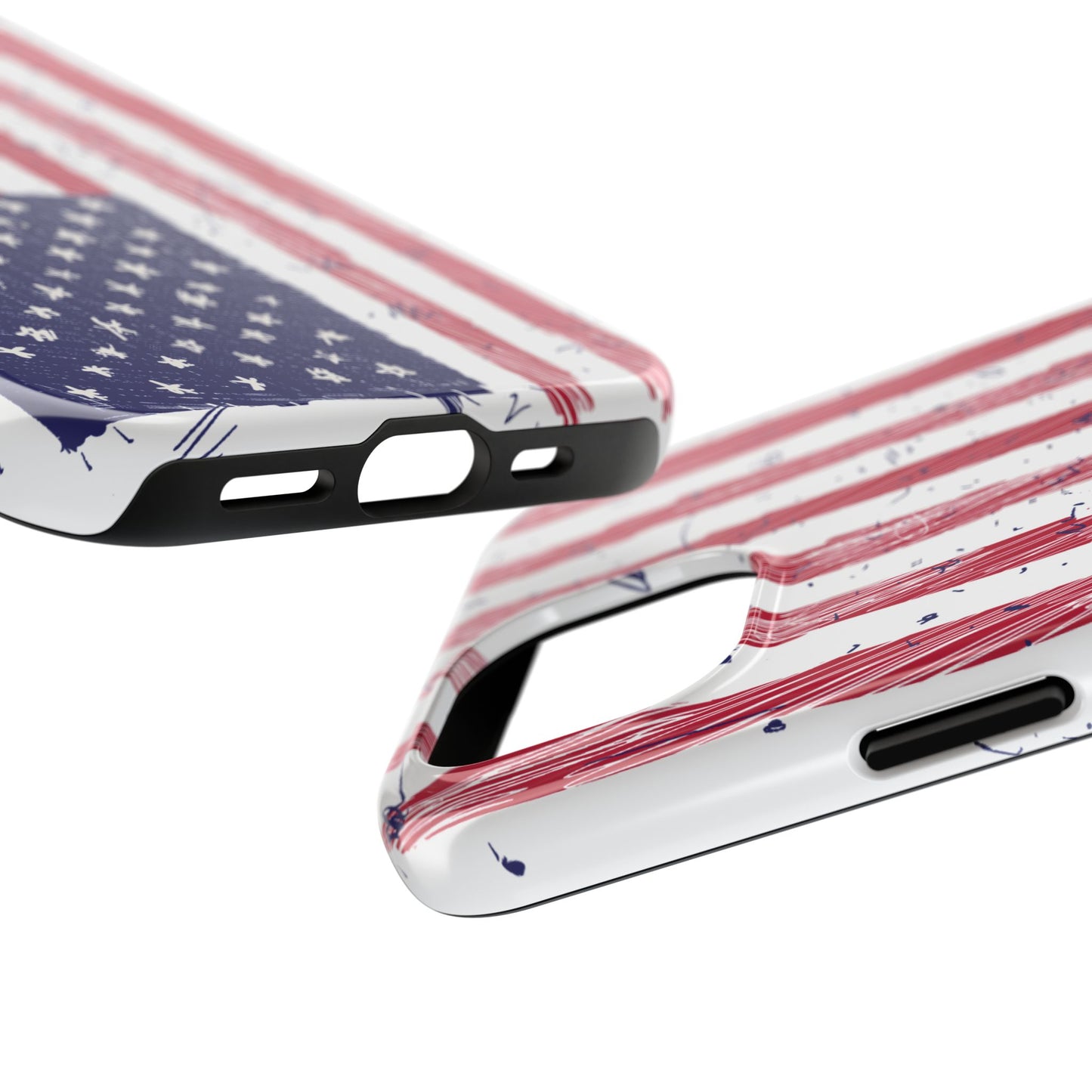 Side view of an iPhone and Samsung phone case featuring an illustrated American flag design, highlighting the sleek profile and durable construction.