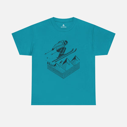Ski Jump Adventure Tee in blue on a white background, showcasing an action-packed skiing design for those who love the slopes.