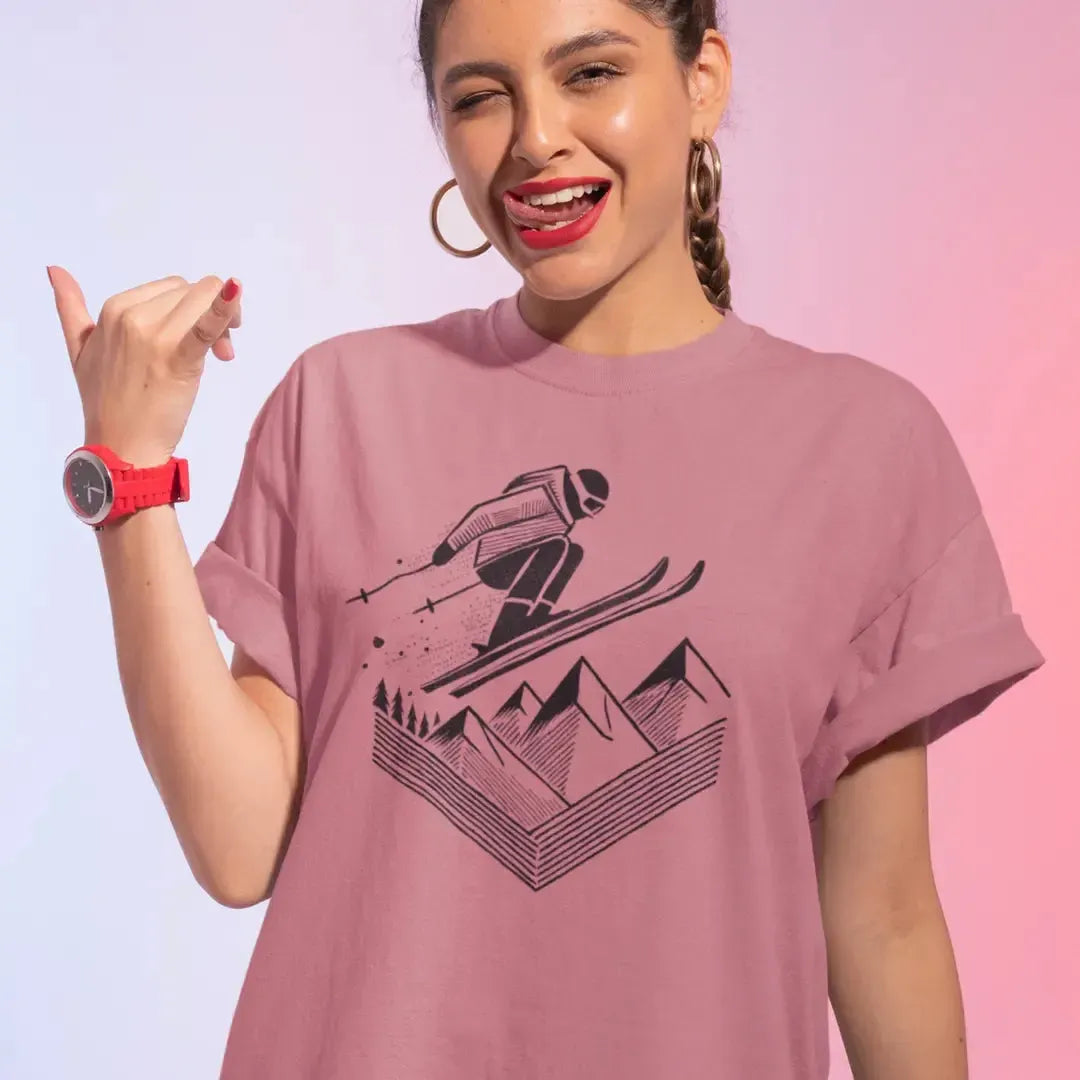 Model wearing Ski Jump Adventure Tee, featuring a dynamic hand-drawn skier mid-air, perfect for ski enthusiasts and winter sports lovers.