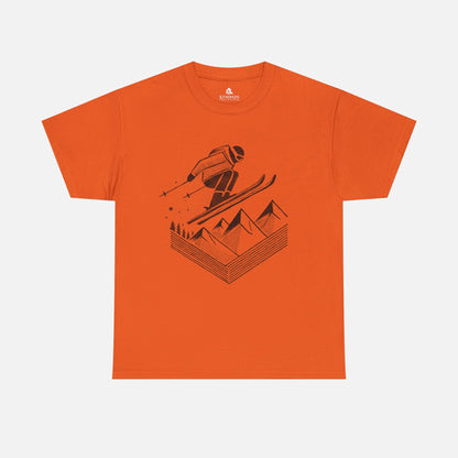 Ski Jump Adventure Tee in orange on a white background, showcasing an action-packed skiing design for those who love the slopes.