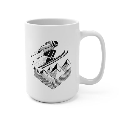 Ski Jump Mug on a white background, showcasing a dynamic skiing illustration, ideal for skiers and mountain adventurers.