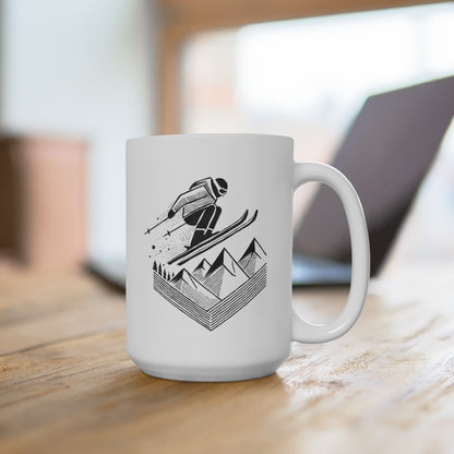 Ski Jump Mug on desk, featuring a hand-drawn skier mid-air with stylized snow spray, perfect for ski enthusiasts and winter sports lovers.