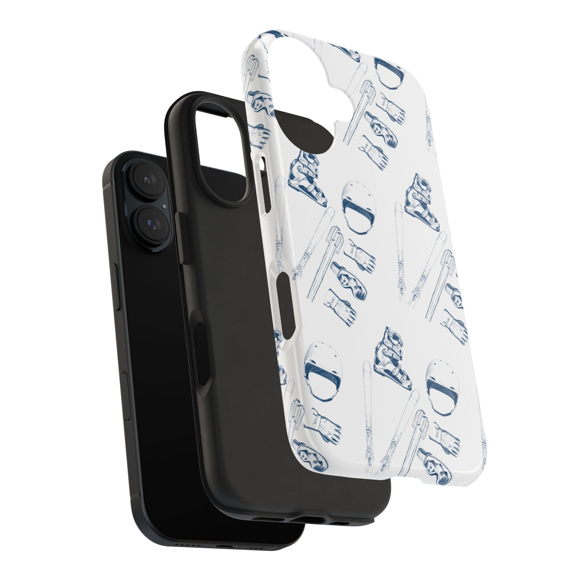 Phone case featuring a creative ski lovers pattern, with ski boots forming an 'L', a helmet as 'O', skis and gloves making the 'V', and goggles and ski poles shaping the 'E', abstractly spelling 'LOVE'. Perfect for passionate skiers.