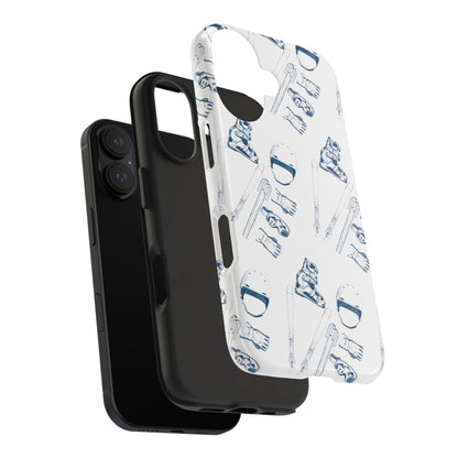 Phone case featuring a creative ski lovers pattern, with ski boots forming an 'L', a helmet as 'O', skis and gloves making the 'V', and goggles and ski poles shaping the 'E', abstractly spelling 'LOVE'. Perfect for passionate skiers.