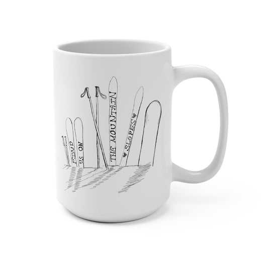 Front view of this 15oz ceramic mug is perfect for anyone who loves the thrill of the slopes and cozy mornings. Featuring a minimalist pen-and-ink illustration of skis and a snowboard stuck in snow, accompanied by the hand-written phrase Find Us on the Mountain Slopes, this mug captures the essence of winter adventures. 