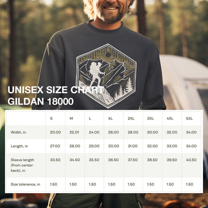 Size chart for the Skyline Trek Sweatshirt, providing accurate measurements for a comfortable fit.