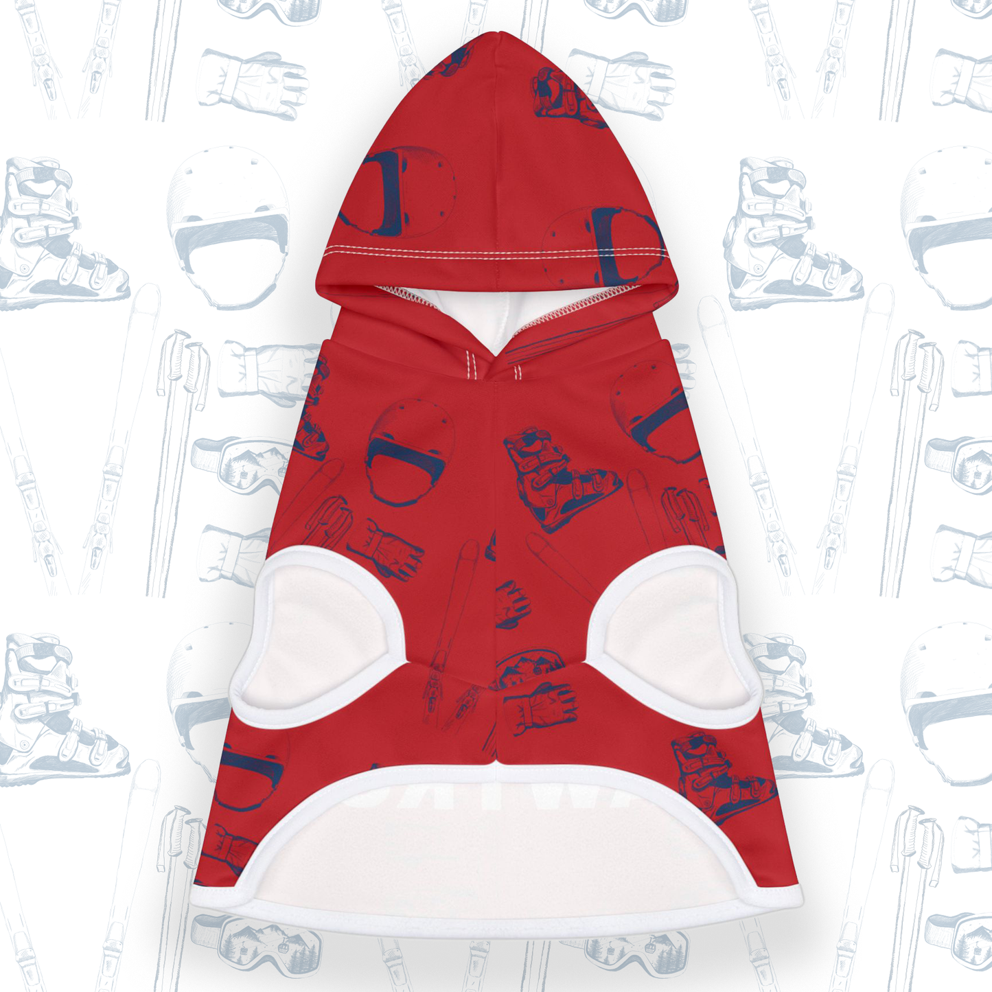Ski Pawtrol Pet Hoodie, featuring a fun "LOVE" design made from ski gear. Perfect winter apparel for dogs to stay warm and stylish front view on white background.