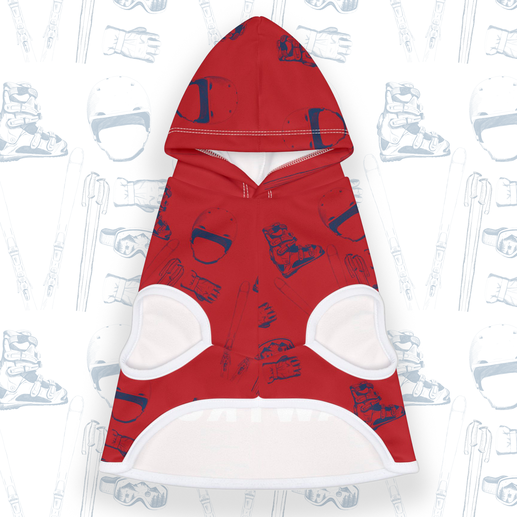 Ski Pawtrol Pet Hoodie, featuring a fun "LOVE" design made from ski gear. Perfect winter apparel for dogs to stay warm and stylish front view on white background.