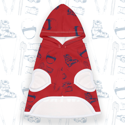 Ski Pawtrol Pet Hoodie, featuring a fun "LOVE" design made from ski gear. Perfect winter apparel for dogs to stay warm and stylish front view on white background.