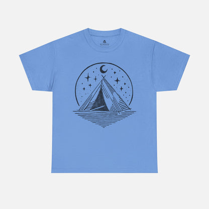 Starry Night Camping Tee in blue on a white background, showcasing a minimalist camping and night sky illustration for nature enthusiasts.