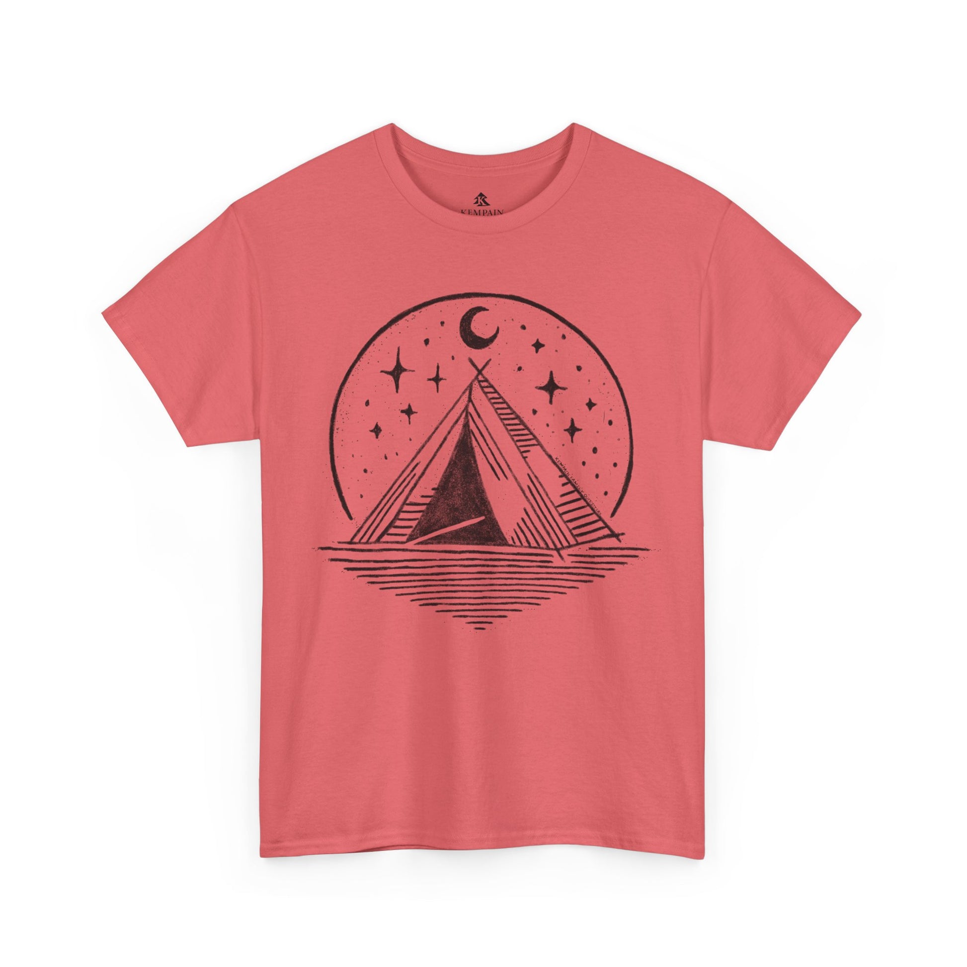 Starry Night Camping Tee in coral on a white background, showcasing a minimalist camping and night sky illustration for nature enthusiasts.