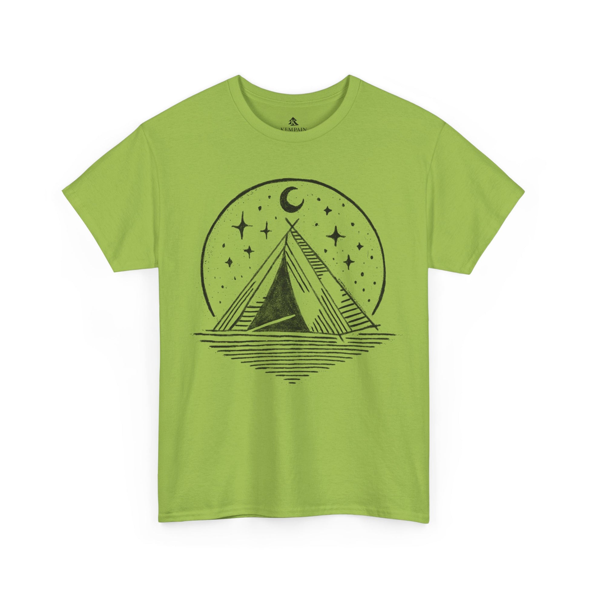 Starry Night Camping Tee in green on a white background, showcasing a minimalist camping and night sky illustration for nature enthusiasts.