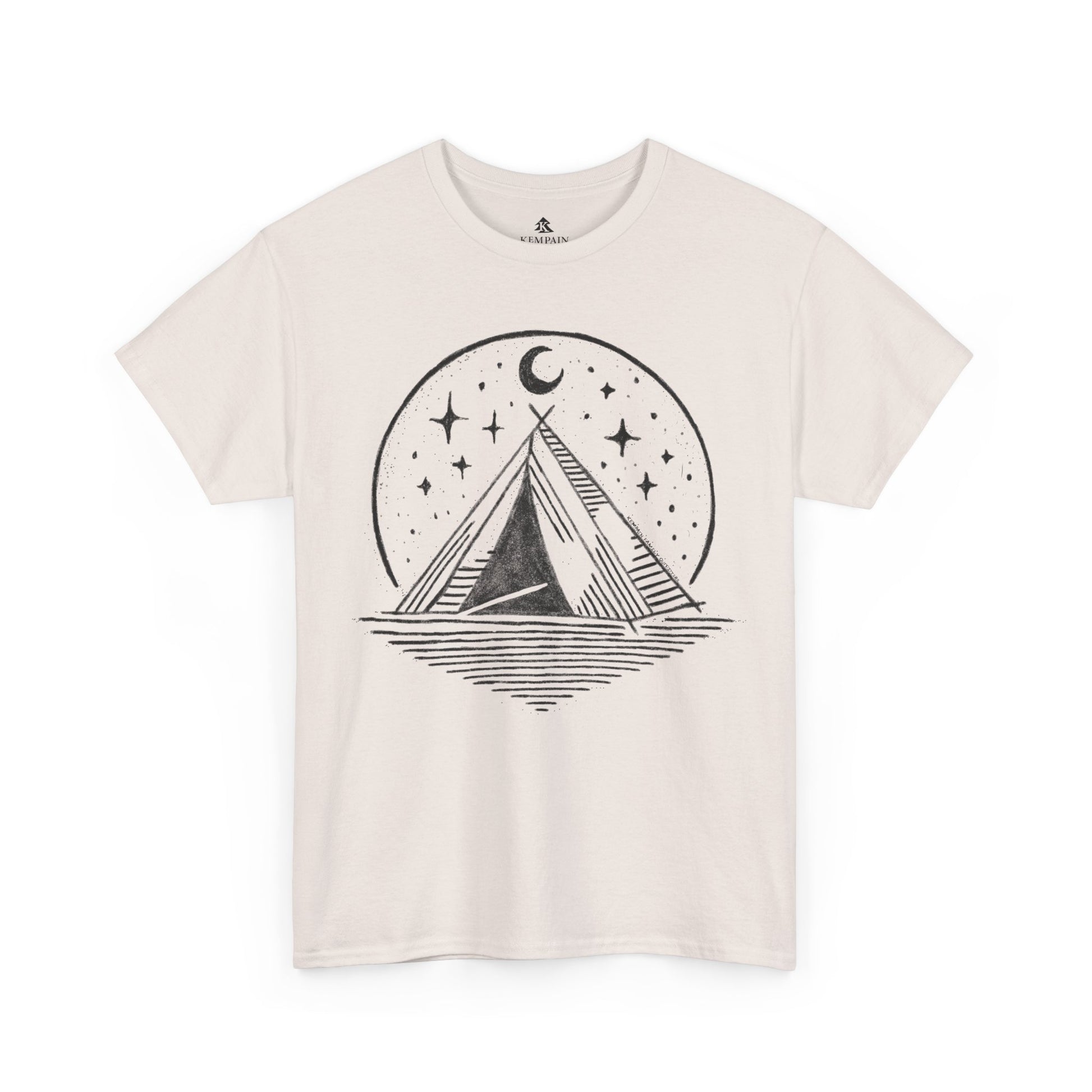 Starry Night Camping Tee in ice grey on a white background, showcasing a minimalist camping and night sky illustration for nature enthusiasts.