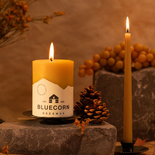 The Golden Pillars | 100% Pure Beeswax Pillars by Bluecorn Candles sold by Kempain Family Outfitters.