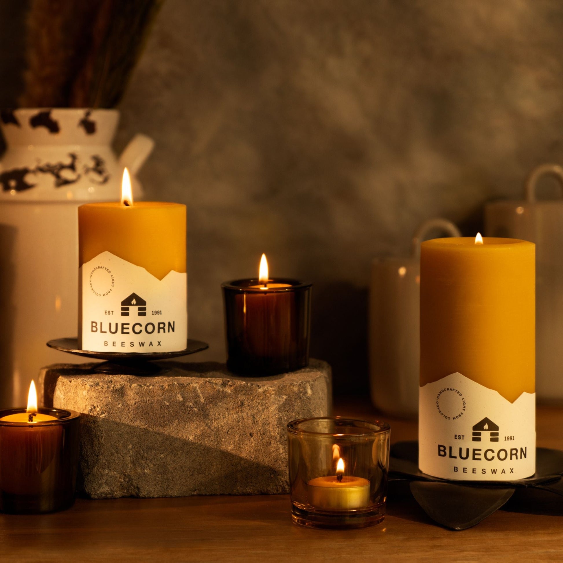 The Golden Pillars | 100% Pure Beeswax Pillars by Bluecorn Candles sold by Kempain Family Outfitters.