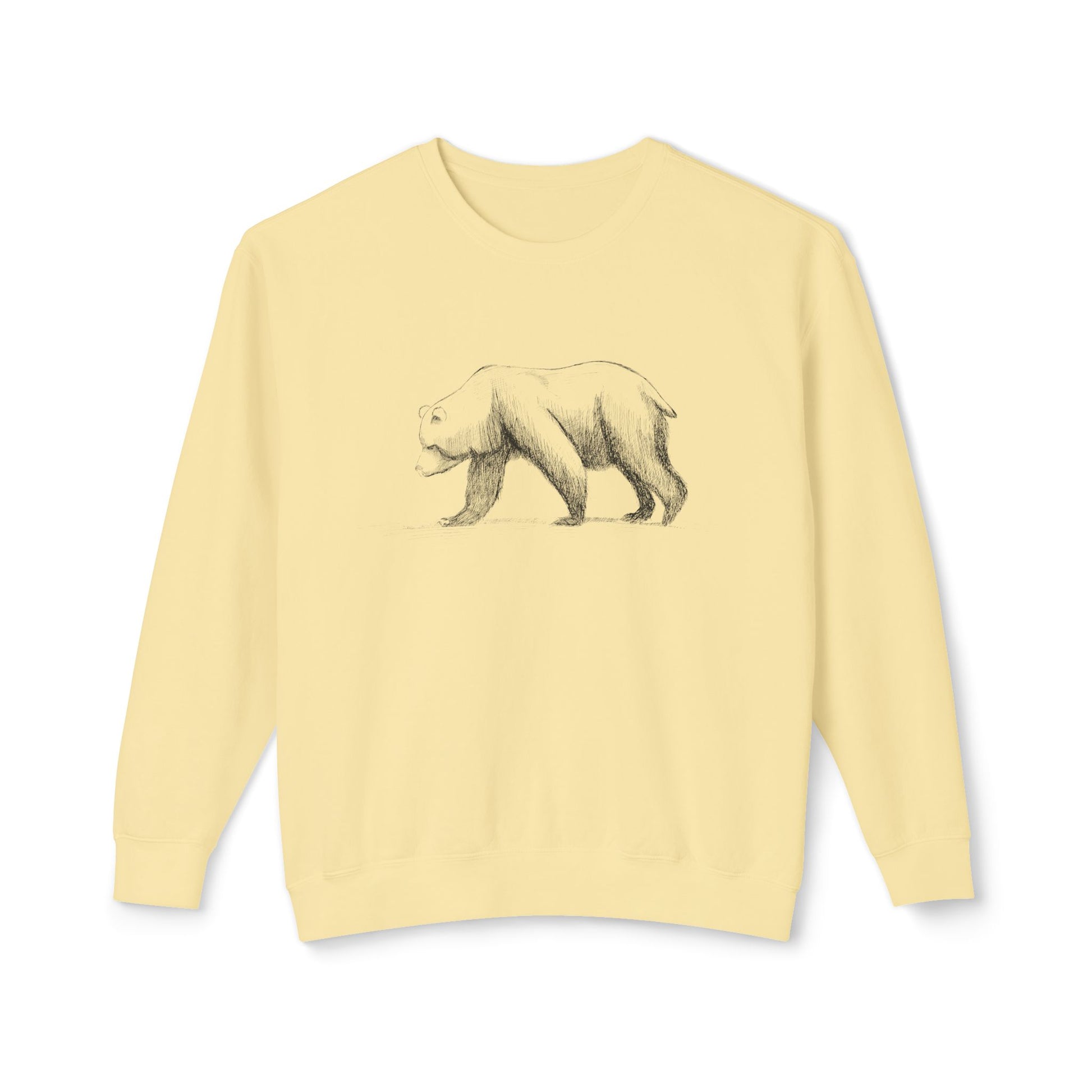 The Grizzly Study artist-led sweatshirt in a soft yellow tone, rendered on our 100% natural cotton field-blank.