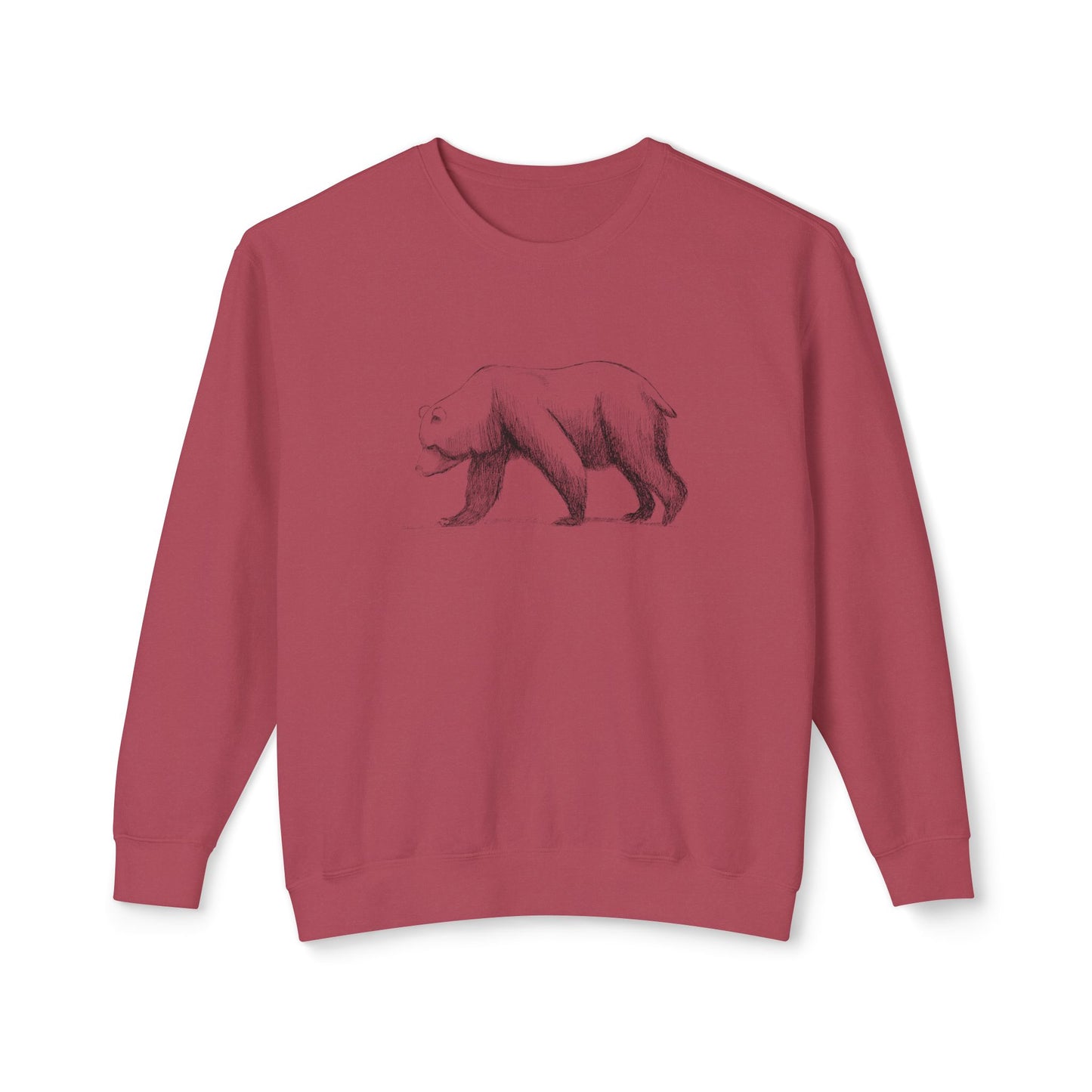 The Grizzly Study lightweight sweatshirt in Crimson, featuring high-contrast charcoal-style bear art hand-drawn in Adobe Fresco.