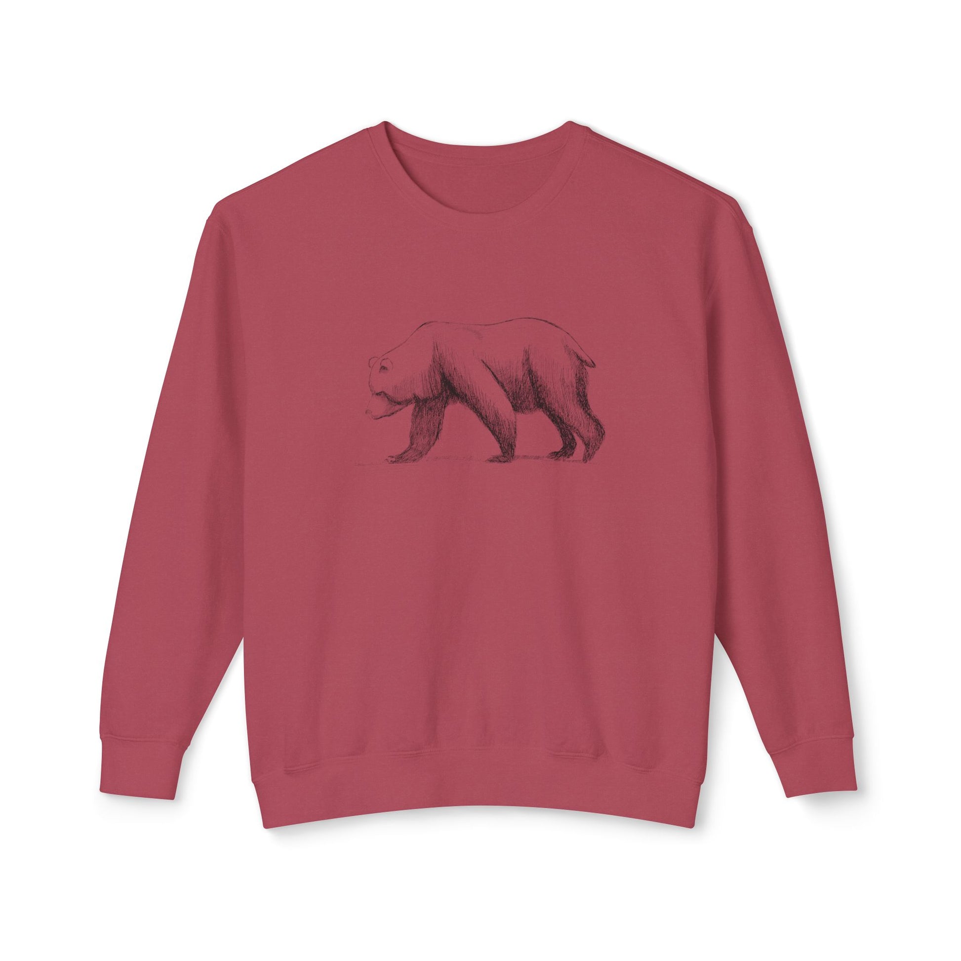The Grizzly Study lightweight sweatshirt in Crimson, featuring high-contrast charcoal-style bear art hand-drawn in Adobe Fresco.