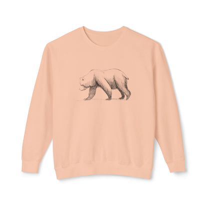 The Grizzly Study artist-led lightweight sweatshirt in a garment-dyed peachy tone, featuring an anatomical bear illustration on 100% natural cotton.