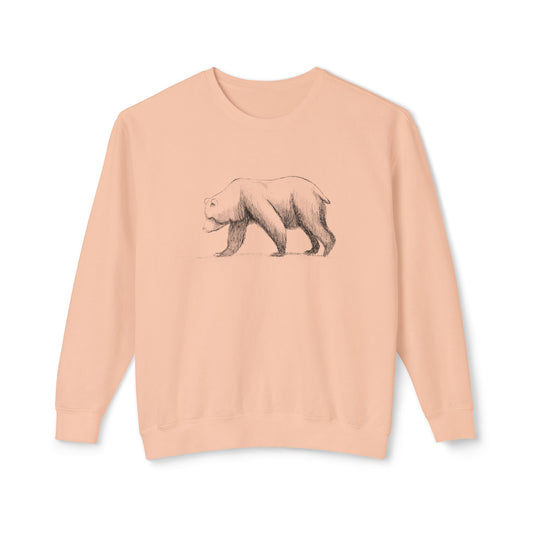 The Grizzly Study artist-led lightweight sweatshirt in a garment-dyed peachy tone, featuring an anatomical bear illustration on 100% natural cotton.