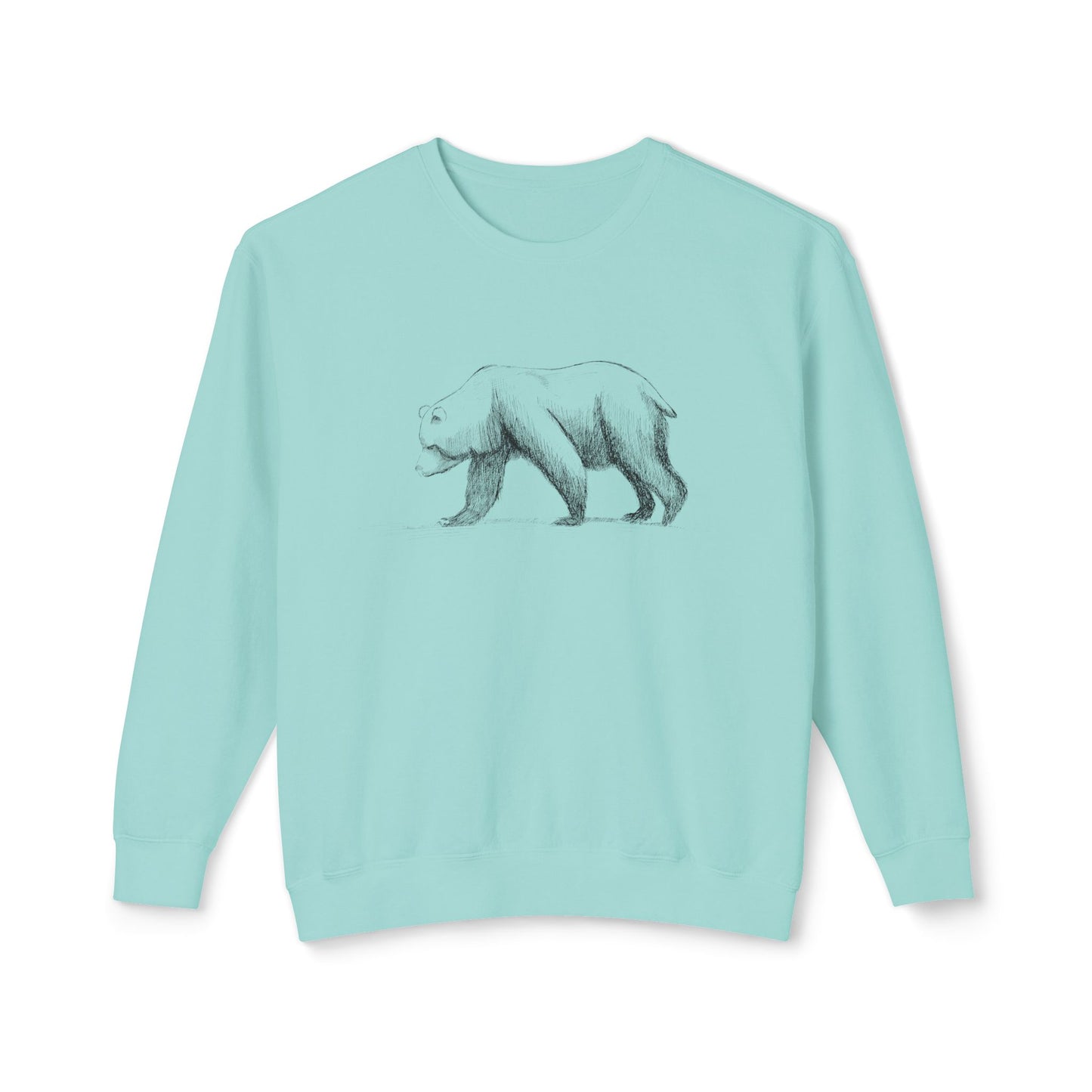 The Grizzly Study lightweight sweatshirt in Teal, showcasing the technical shoulder hump and concave profile details of the grizzly art.