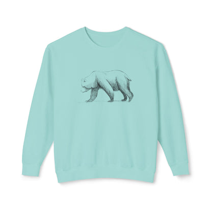The Grizzly Study lightweight sweatshirt in Teal, showcasing the technical shoulder hump and concave profile details of the grizzly art.