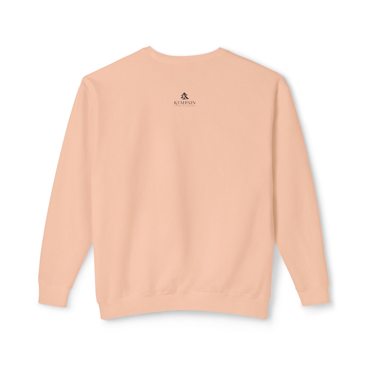 Back view of the peachy Grizzly Study sweatshirt showing the clean back neck studio branding and side-seam-free construction.