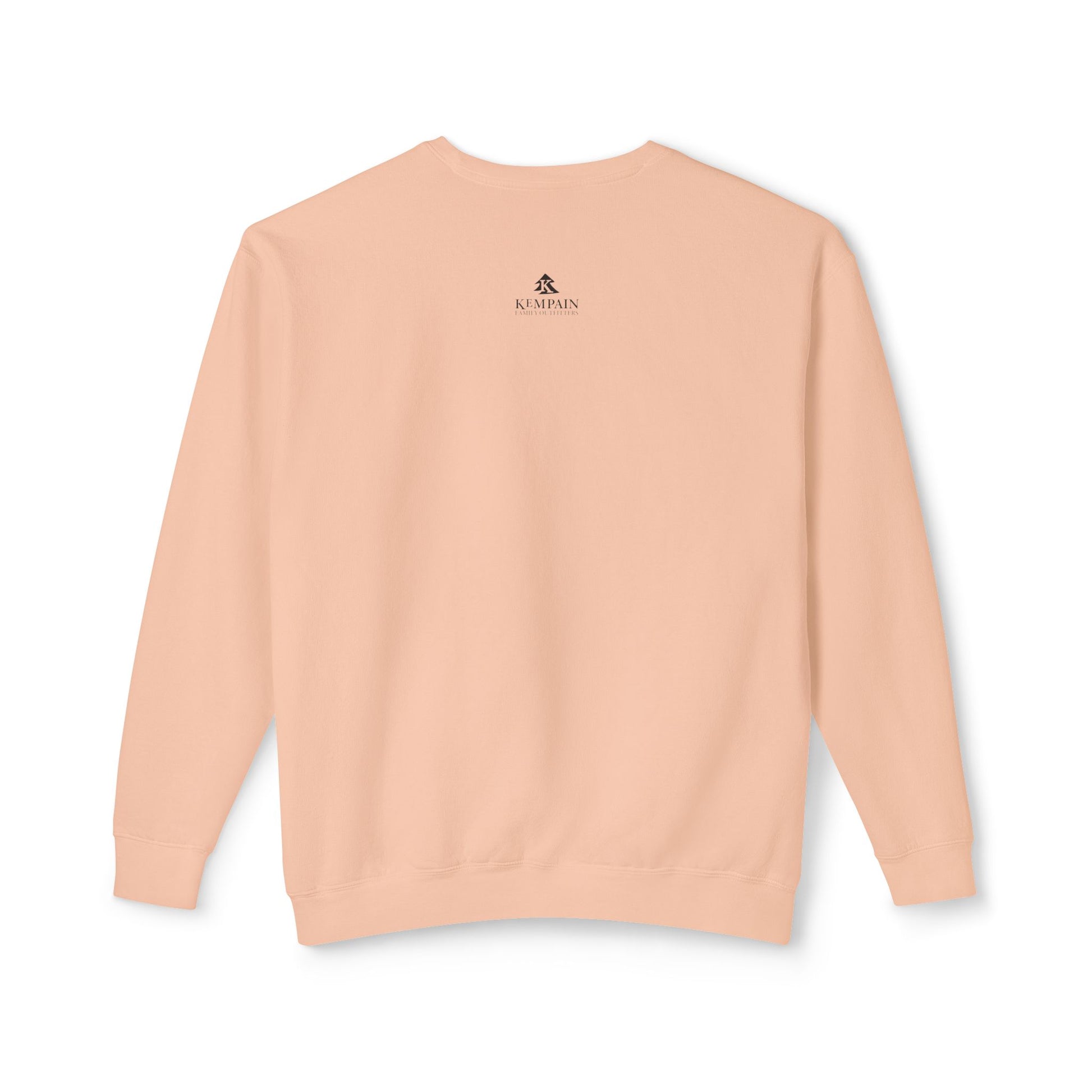 Back view of the peachy Grizzly Study sweatshirt showing the clean back neck studio branding and side-seam-free construction.