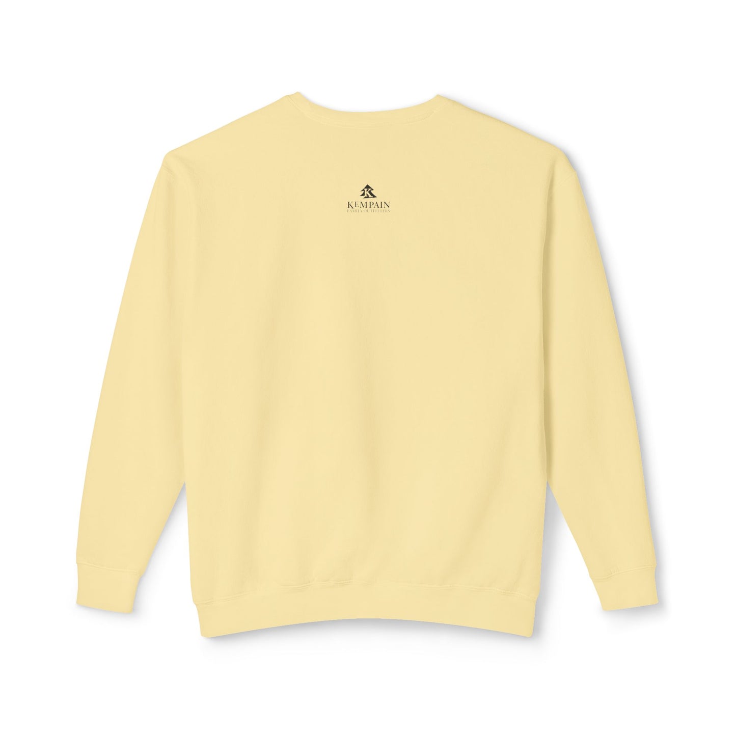 Back view of the yellow lightweight sweatshirt showing the signature Kempain artist-led branding on the outer neck.