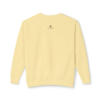 Back view of the yellow lightweight sweatshirt showing the signature Kempain artist-led branding on the outer neck.