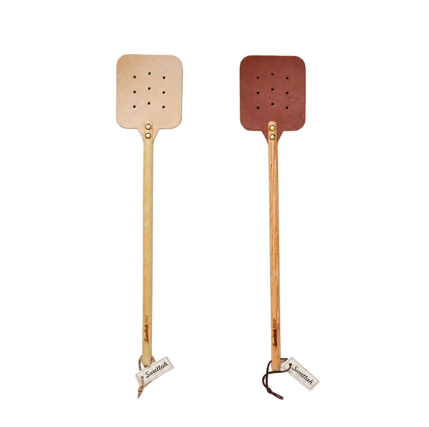 The Leather Huntsman Flyswatter by Farmhouse Pottery displayed on a solid white background sold by Kempain Family Outfitters.