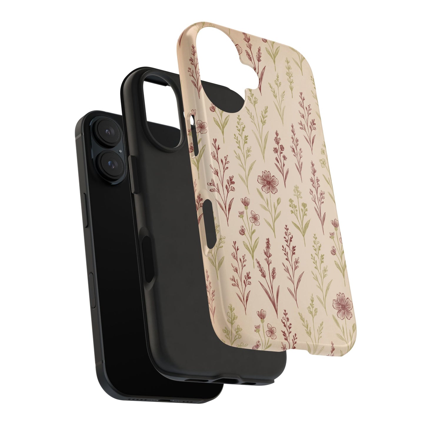 A exploded view of rubber liner and outer shell of classic Wildflower Pattern case showcasing illustrated wildflowers by Jordan Kempain displayed on a white background.