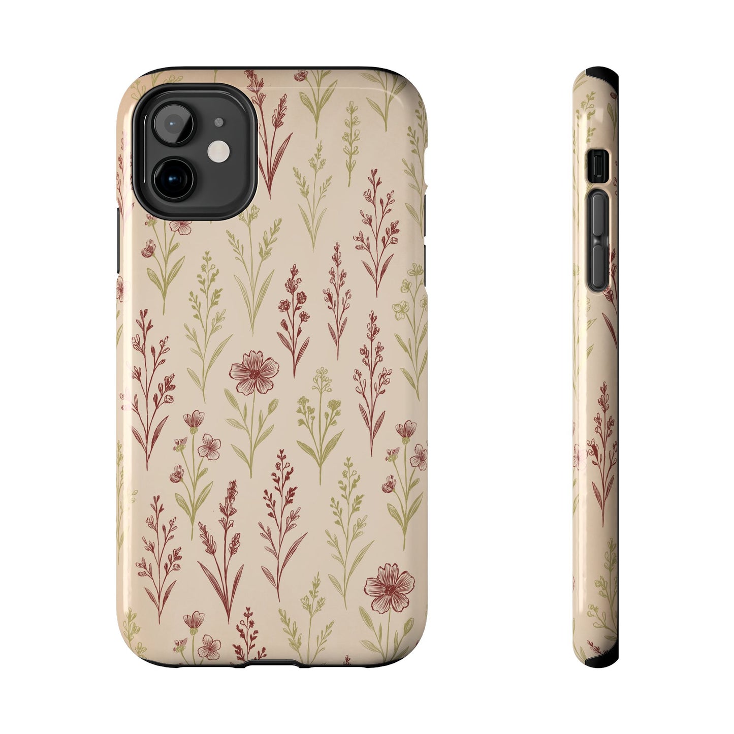 A classic Wildflower Pattern iPhone 11 case showcasing illustrated wildflowers by Jordan Kempain displayed on a white background.
