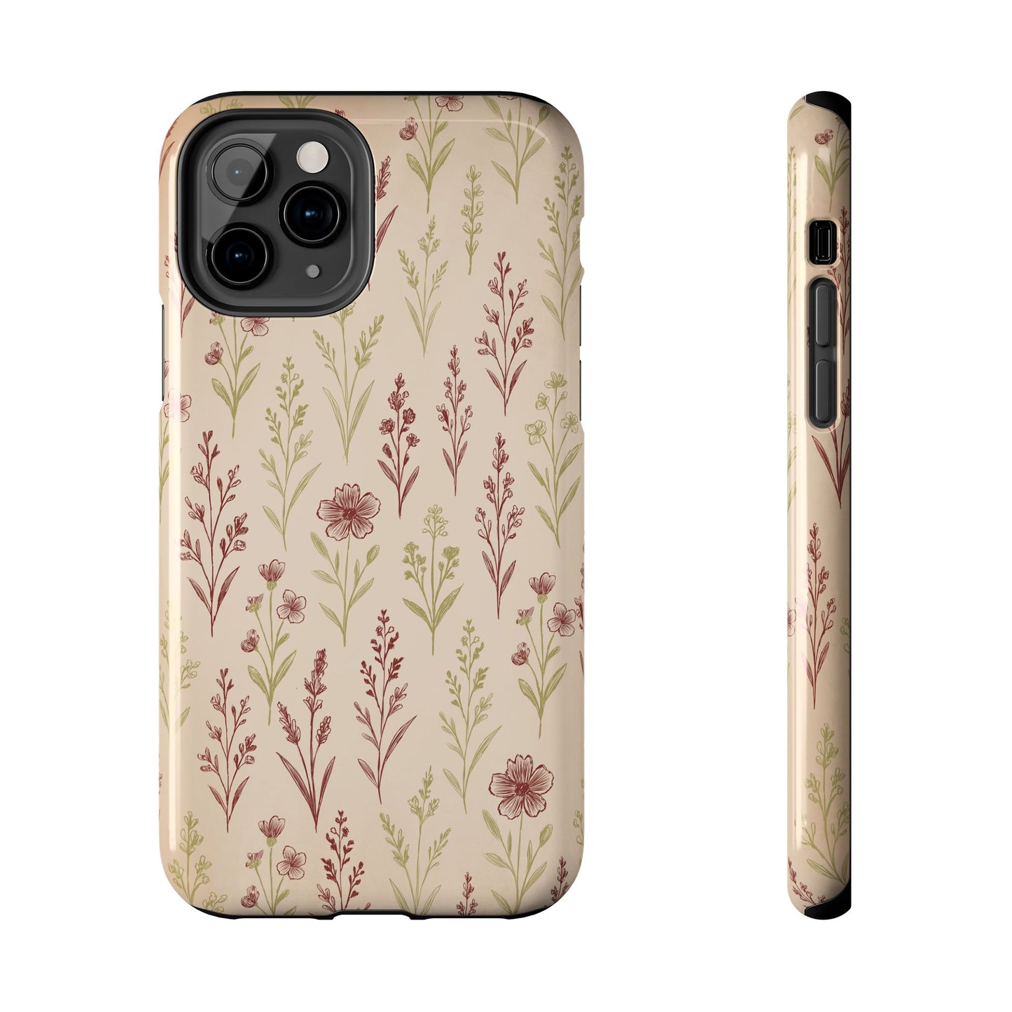 A classic Wildflower Pattern iPhone 11 Pro case showcasing illustrated wildflowers by Jordan Kempain displayed on a white background.