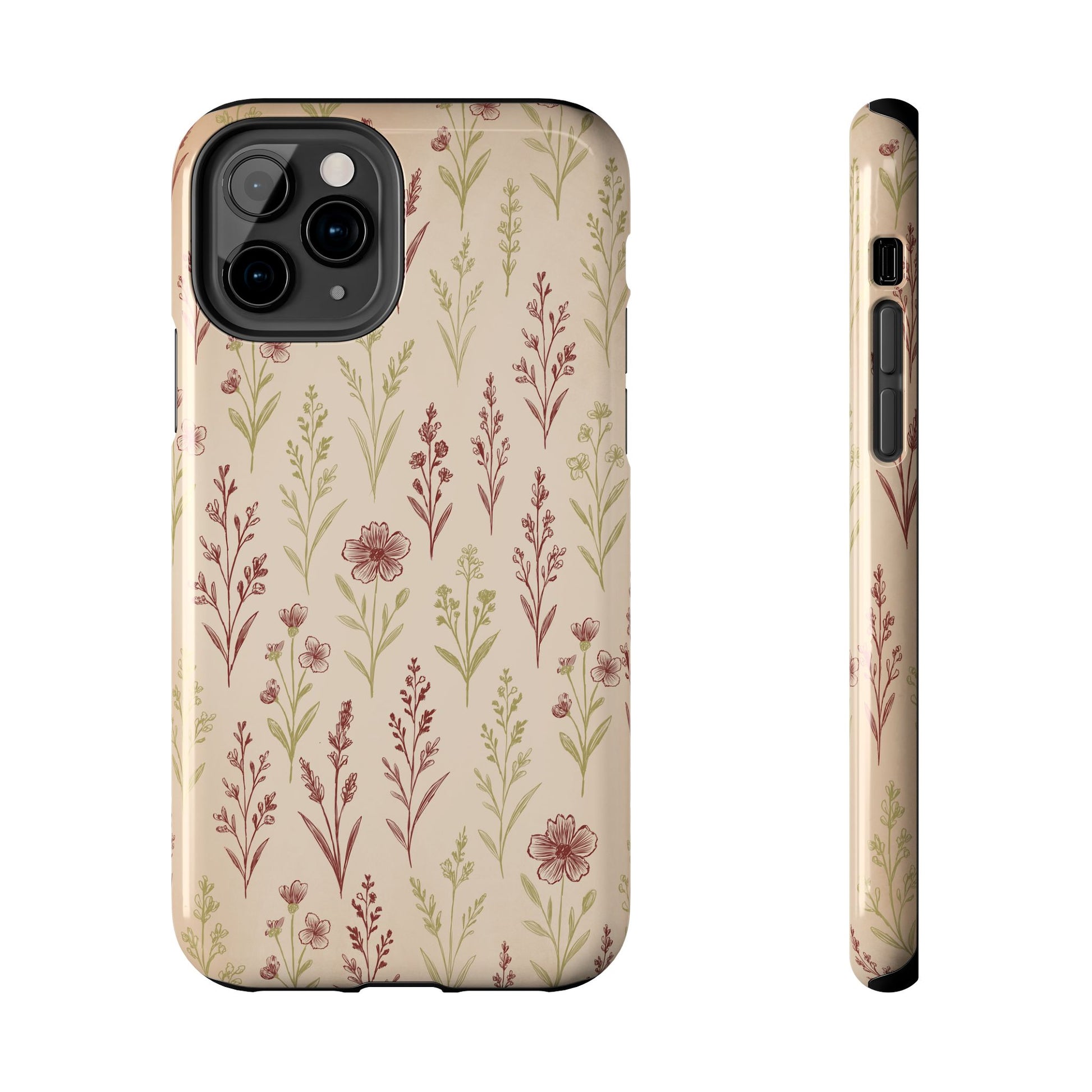 A classic Wildflower Pattern iPhone 11 Pro case showcasing illustrated wildflowers by Jordan Kempain displayed on a white background.