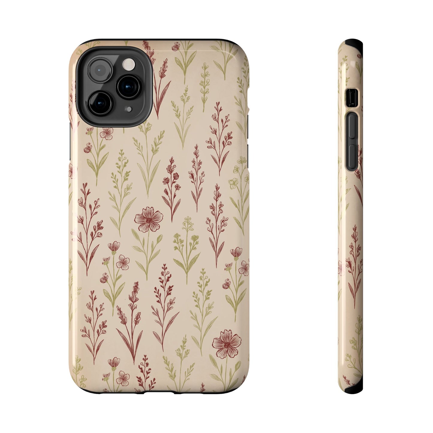 A classic Wildflower Pattern iPhone 11 Pro Max case showcasing illustrated wildflowers by Jordan Kempain displayed on a white background.