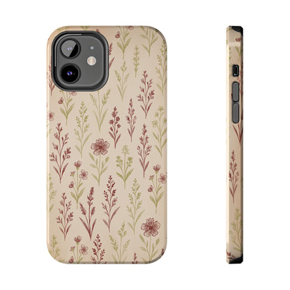 A classic Wildflower Pattern iPhone 12 case showcasing illustrated wildflowers by Jordan Kempain displayed on a white background.