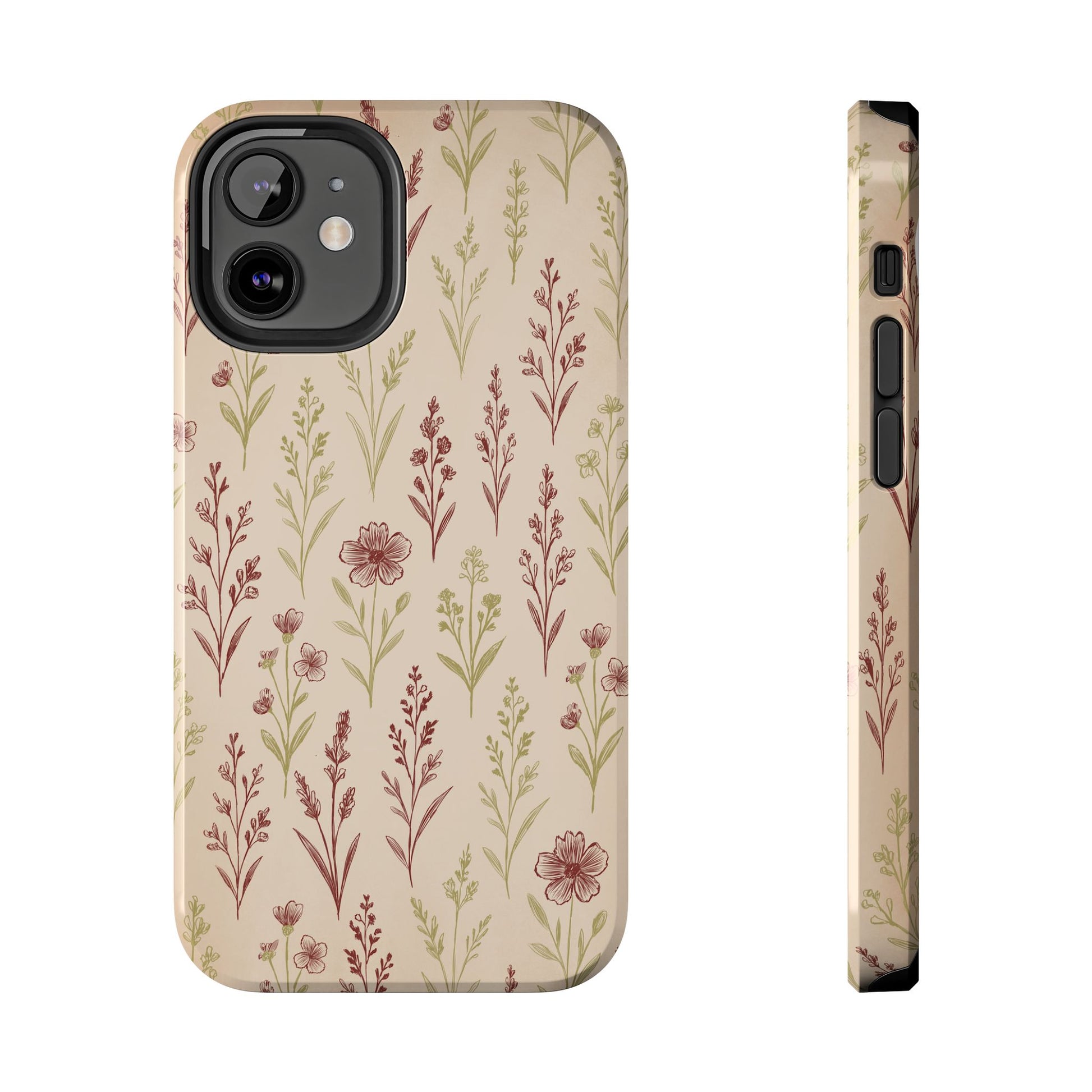 A classic Wildflower Pattern iPhone 12 Mini case showcasing illustrated wildflowers by Jordan Kempain displayed on a white background.