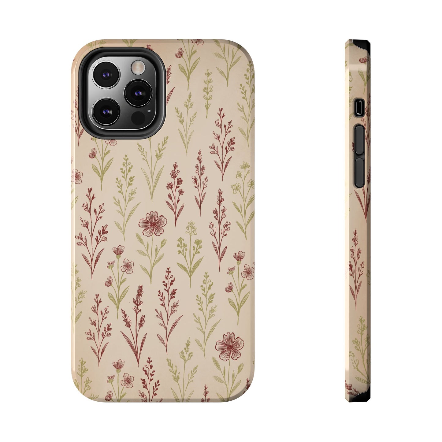 A classic Wildflower Pattern iPhone 12 Pro case showcasing illustrated wildflowers by Jordan Kempain displayed on a white background.