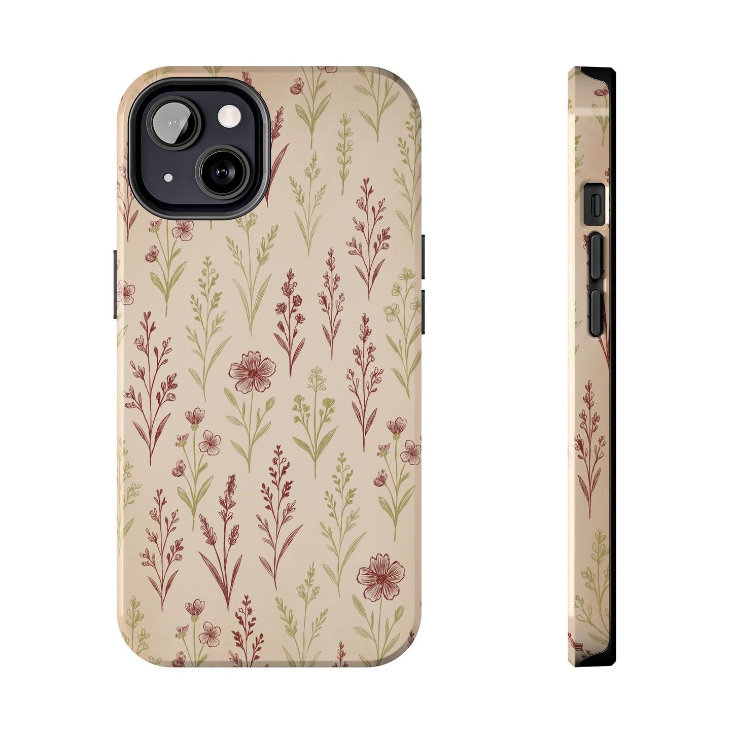 A classic Wildflower Pattern iPhone 13 case showcasing illustrated wildflowers by Jordan Kempain displayed on a white background.