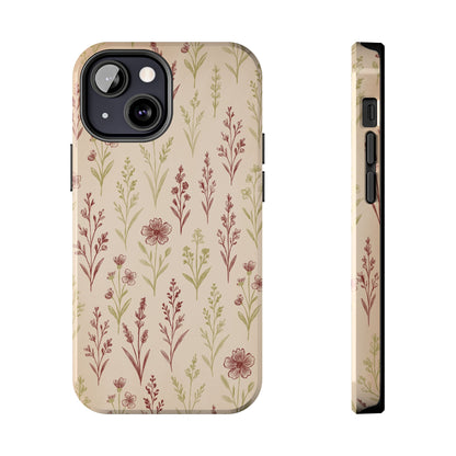 A classic Wildflower Pattern iPhone 13 Mini case showcasing illustrated wildflowers by Jordan Kempain displayed on a white background.