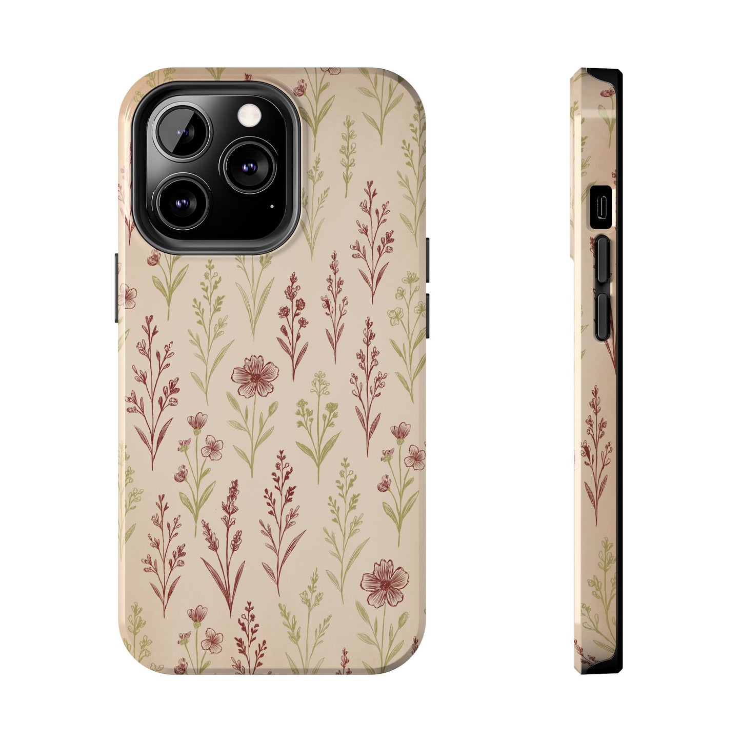 A classic Wildflower Pattern iPhone 13 Pro case showcasing illustrated wildflowers by Jordan Kempain displayed on a white background.
