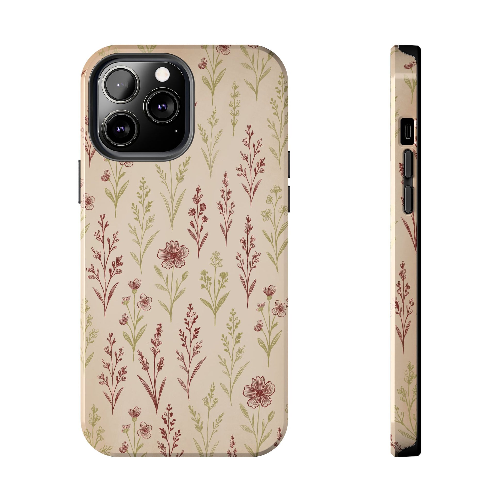 A classic Wildflower Pattern iPhone 13 Pro Max case showcasing illustrated wildflowers by Jordan Kempain displayed on a white background.