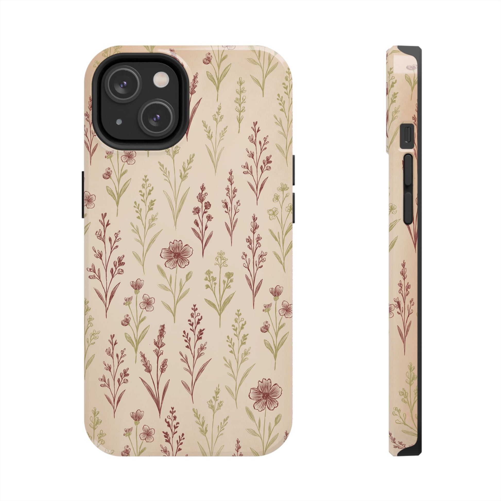 A classic Wildflower Pattern iPhone 14 case showcasing illustrated wildflowers by Jordan Kempain displayed on a white background.