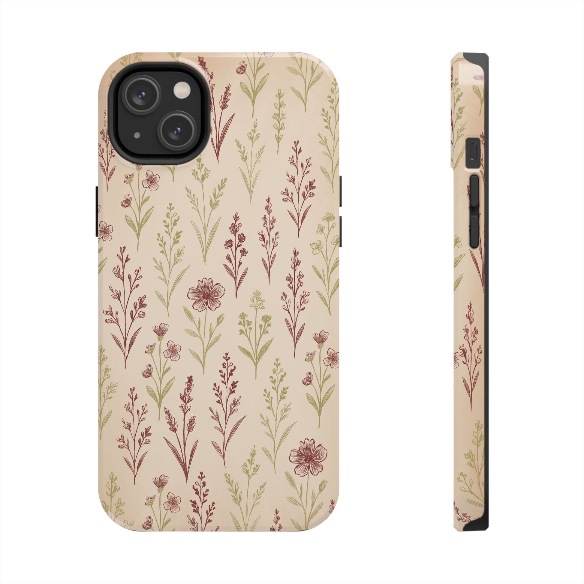 A classic Wildflower Pattern iPhone 14 Plus case showcasing illustrated wildflowers by Jordan Kempain displayed on a white background.