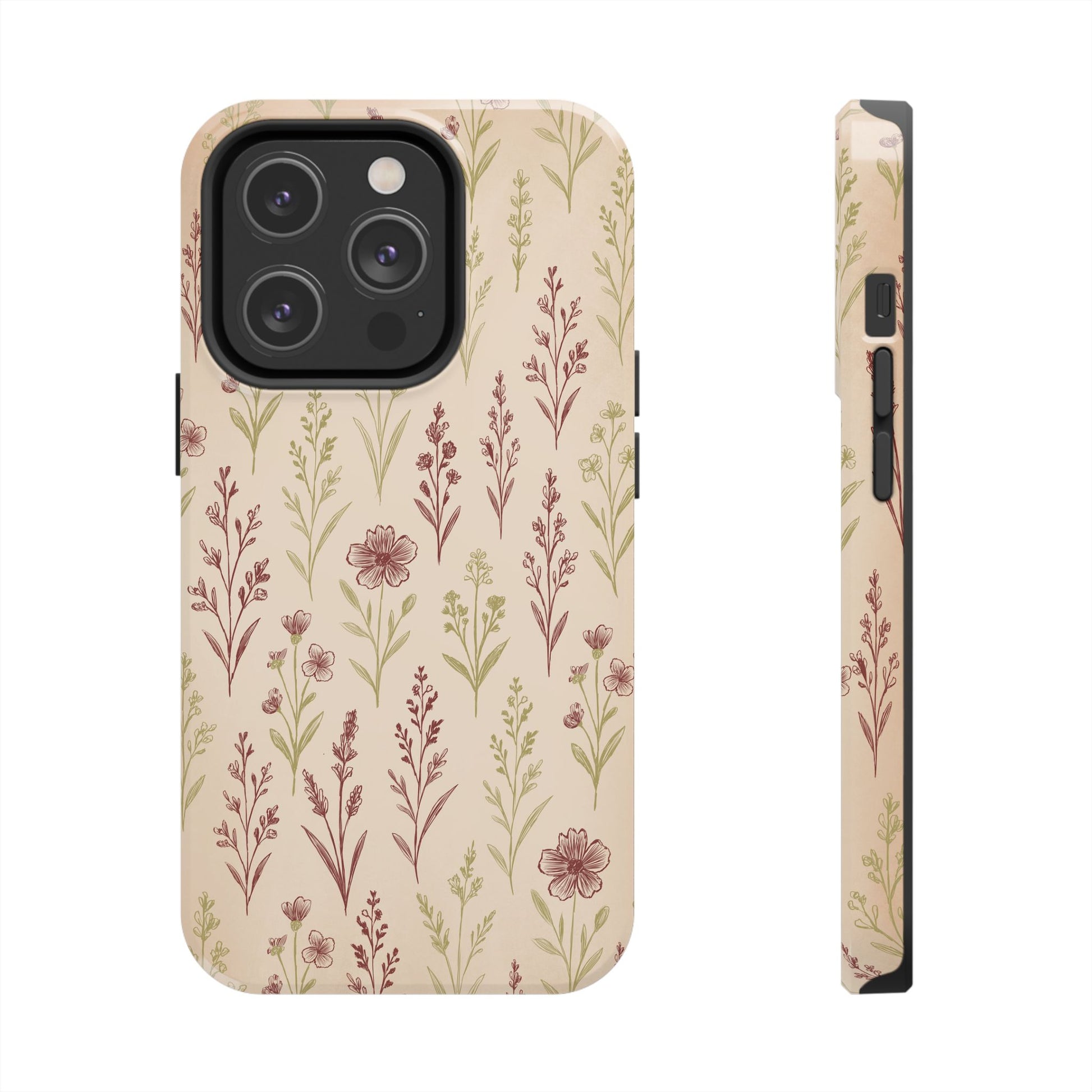 A classic Wildflower Pattern iPhone 14 Pro case showcasing illustrated wildflowers by Jordan Kempain displayed on a white background.