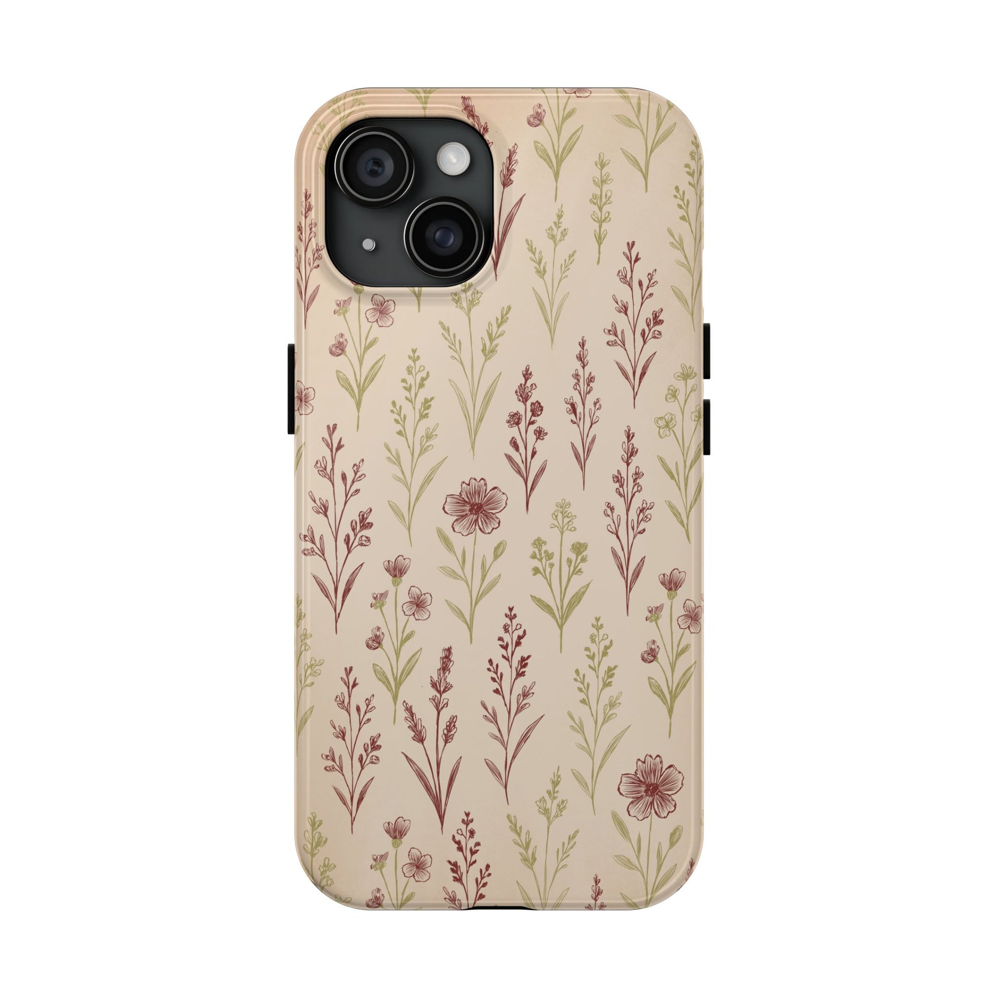 A classic Wildflower Pattern iPhone 15 case showcasing illustrated wildflowers by Jordan Kempain displayed on a white background.